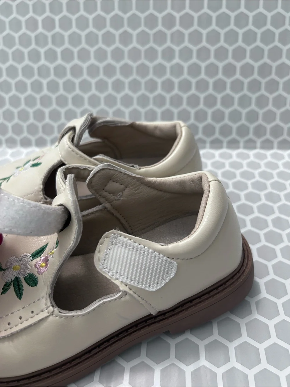 Girls Cream Mary Jane Shoes with Floral Embroidery & Velcro Straps